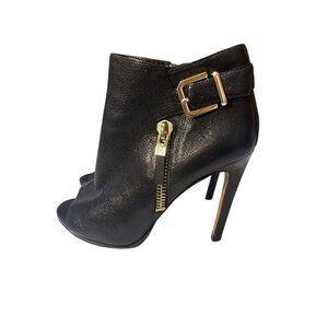 Marciano Womens Black Leather Peep-Toe High-Heel Ankle Booties With Gold Buckle